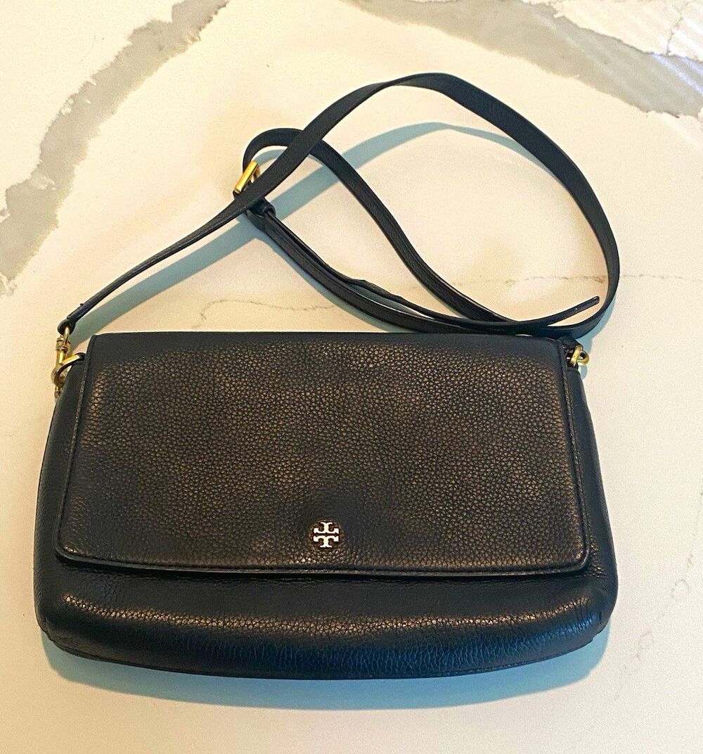 Tory Burch Black Pebbled Blake Flap Crossbody Bag